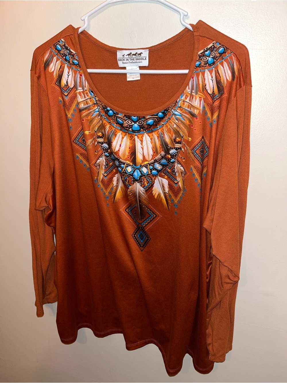 Back In The Saddle Orange Aztec Western Print Long Sleeve Shirt Size 3X EUC Boho - Picture 3 of 5
